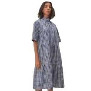 Everlane NWT‎ Med Gingham Tiered Mock Neck Short Sleeve Midi Dress XS Blue White